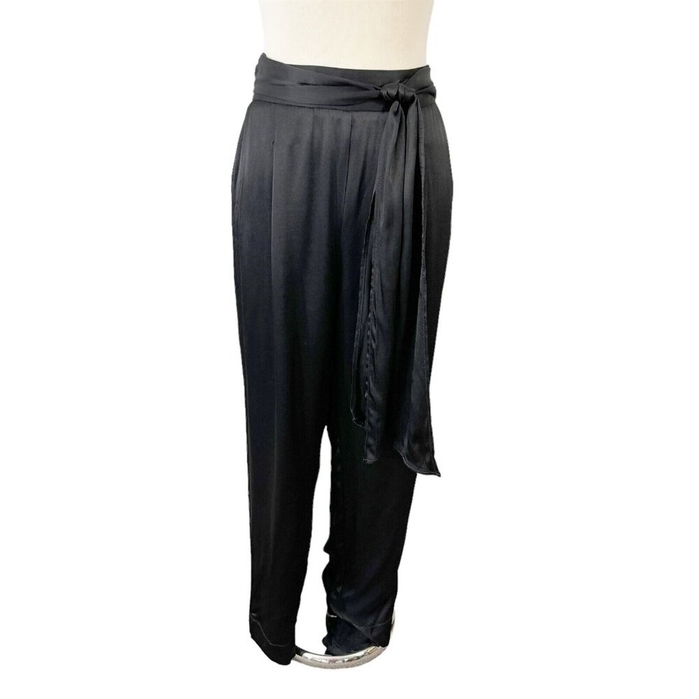Anthropologie Ett:Twa Black Satin Dress Pants Size 10 Tie Waist Sash NWT